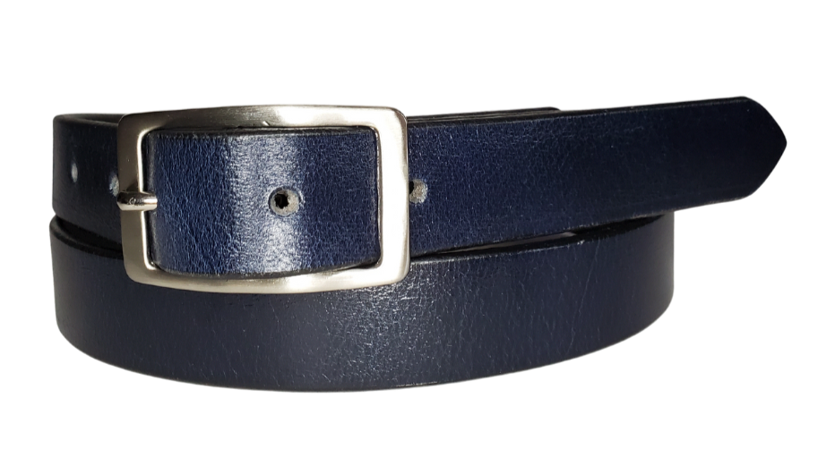 Our ladies 1" wide Deep Navy Blue buffalo water leather belt with snaps to easily change out buckle. Features a smoothed black burnished and a Solid Brass or Antique Nickle plate over Brass buckle. This belt has a softer feel than some of our Name style belts but still durable. Available online or for purchase at our shop just outside Nashville in Smyrna, TN.