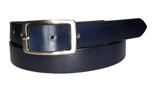 Our ladies 1" wide Deep Navy Blue buffalo water leather belt with snaps to easily change out buckle. Features a smoothed black burnished and a Solid Brass or Antique Nickle plate over Brass buckle. This belt has a softer feel than some of our Name style belts but still durable. Available online or for purchase at our shop just outside Nashville in Smyrna, TN.