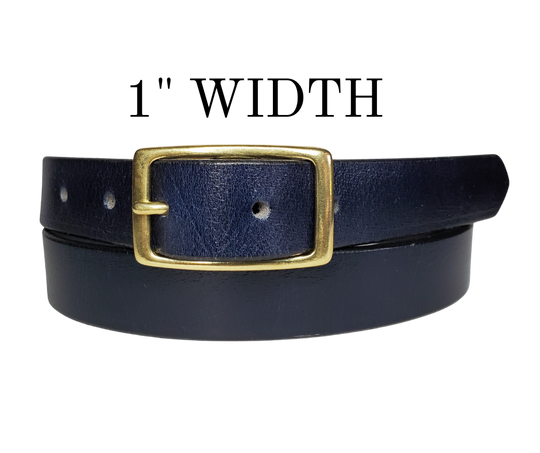 Our ladies 1" wide Deep Navy Blue buffalo water leather belt with snaps to easily change out buckle. Features a smoothed black burnished and a Solid Brass or Antique Nickle plate over Brass buckle. This belt has a softer feel than some of our Name style belts but still durable. Available online or for purchase at our shop just outside Nashville in Smyrna, TN.