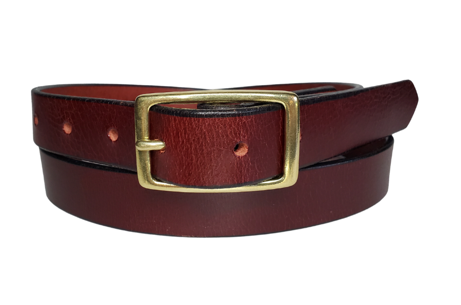 Our ladies 1" wide Deep Burgundy buffalo water leather belt with snaps to easily change out buckle. Features a smoothed black burnished and a Solid Brass or Antique Nickle plate over Brass buckle. This belt has a softer feel than some of our Name style belts but still durable. Available online or for purchase at our shop just outside Nashville in Smyrna, TN.  We create each belt to have 7 holes at 1 inch apart. Your chosen size will be the center hole.