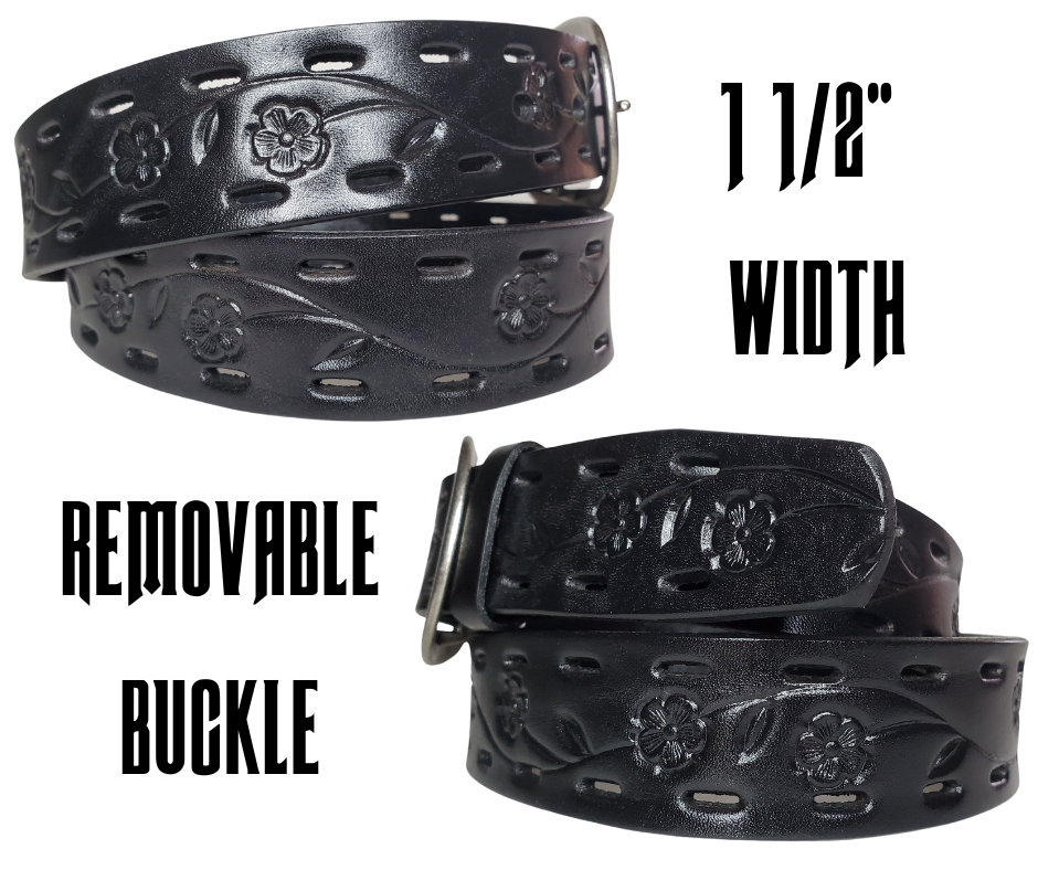 The Florido is constructed from vegetable-tanned cowhide, embossed with a Flower Vine design and equipped with ornamental oval-shaped holes along its 1 1/2" width. This belt comes with an Antique Silver oval center bar buckle that can also be changed by simply unsnapping the existing buckle. Available both online and in-store at our shop located in Smyrna, TN, just outside Nashville.