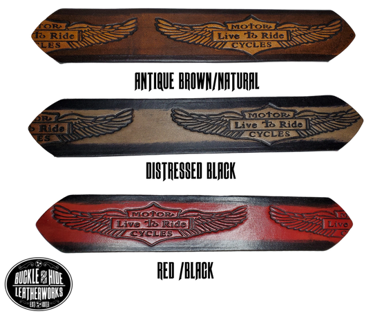 "The SGT AT Arms" is a handmade real leather belt made from a single strip of cowhide shoulder leather that is 8-10 oz. or approx. 1/8" thick. It has hand burnished (smoothed) edges and the Classic Wings and Shield pattern down the center. This belt is completely HAND dyed with a multi step finishing technic. The antique nickel plated solid brass buckle is snapped in place with heavy snaps.  This belt is made just outside Nashville in Smyrna, TN.