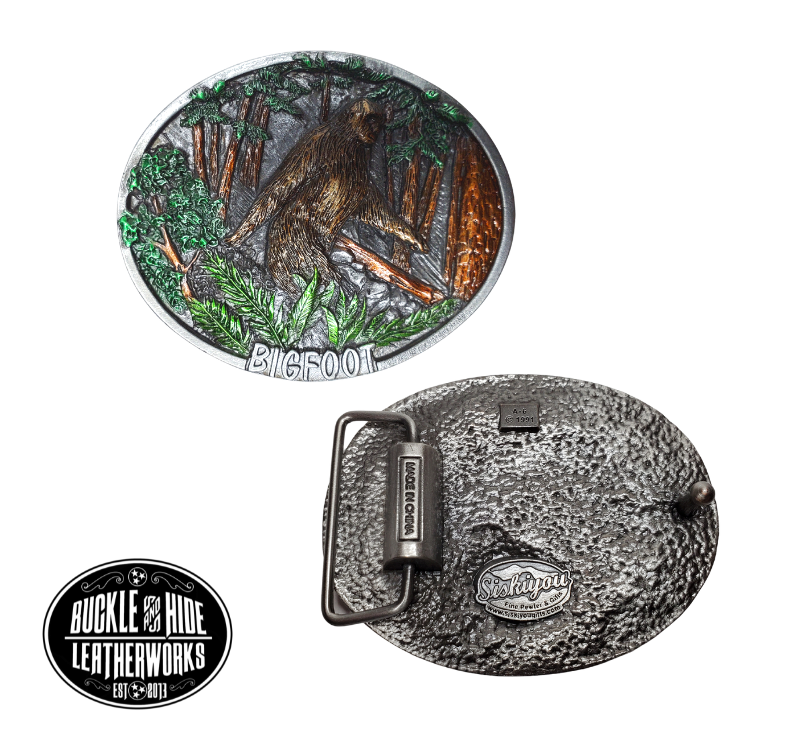 This buckle is for the Bigfoot observers. The mystical sightings and sounds, all the TV shows.  DO YOU BELIEVE? The buckle has the famous video pose from Patterson-Gimlin film right on the front all on a oval shaped buckle. This pewter belt buckle that may be attached to your belt.  Fits 1 1/2" belts, Size 3-1/2" x 2-3/4. Available in our shop just outside Nashville in Smyrna, TN.