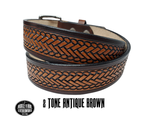 The West End handmade all leather belt is made from a single strip of Veg-Tan cowhide that is a hand finished Veg-tan that is 9-10 oz., or approx. 1/8" thick.   width 1 1/2".  It has an embossed design that is never out of style!  The antique nickel plated solid brass buckle is snapped in place. This belt is made just outside Nashville in Smyrna, TN. Perfect for casual and dress wear, it can be for personal use or for groomsman gifts or other gifts as well. 