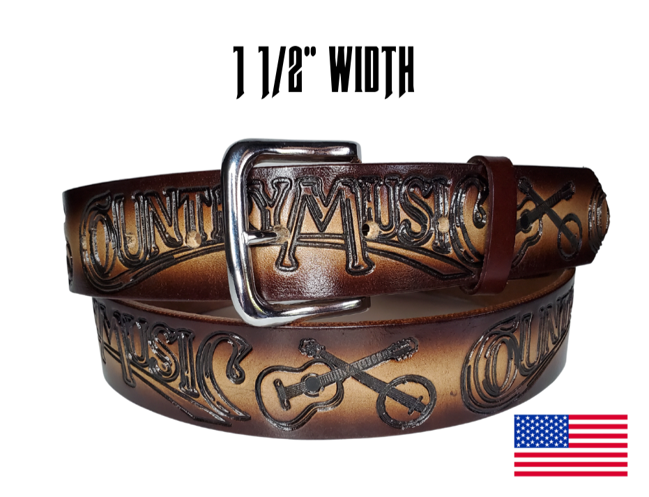 This USA made veg-tan leather belt is approx. 1/8" thick, 1 1/2"width with no fillers to split or rip apart. The belt features Guitar, Banjos with COUNTRY MUSIC embossed around the entire belt. The color has a Dark Brown edge faded into a Natural colored center. The leather is comfortable from day one   Buckle is snapped on for easy buckle change. Colors may vary do to the manufacturing process. We don't make this belt but it's Buckle and Hide approved and still made in the USA. 