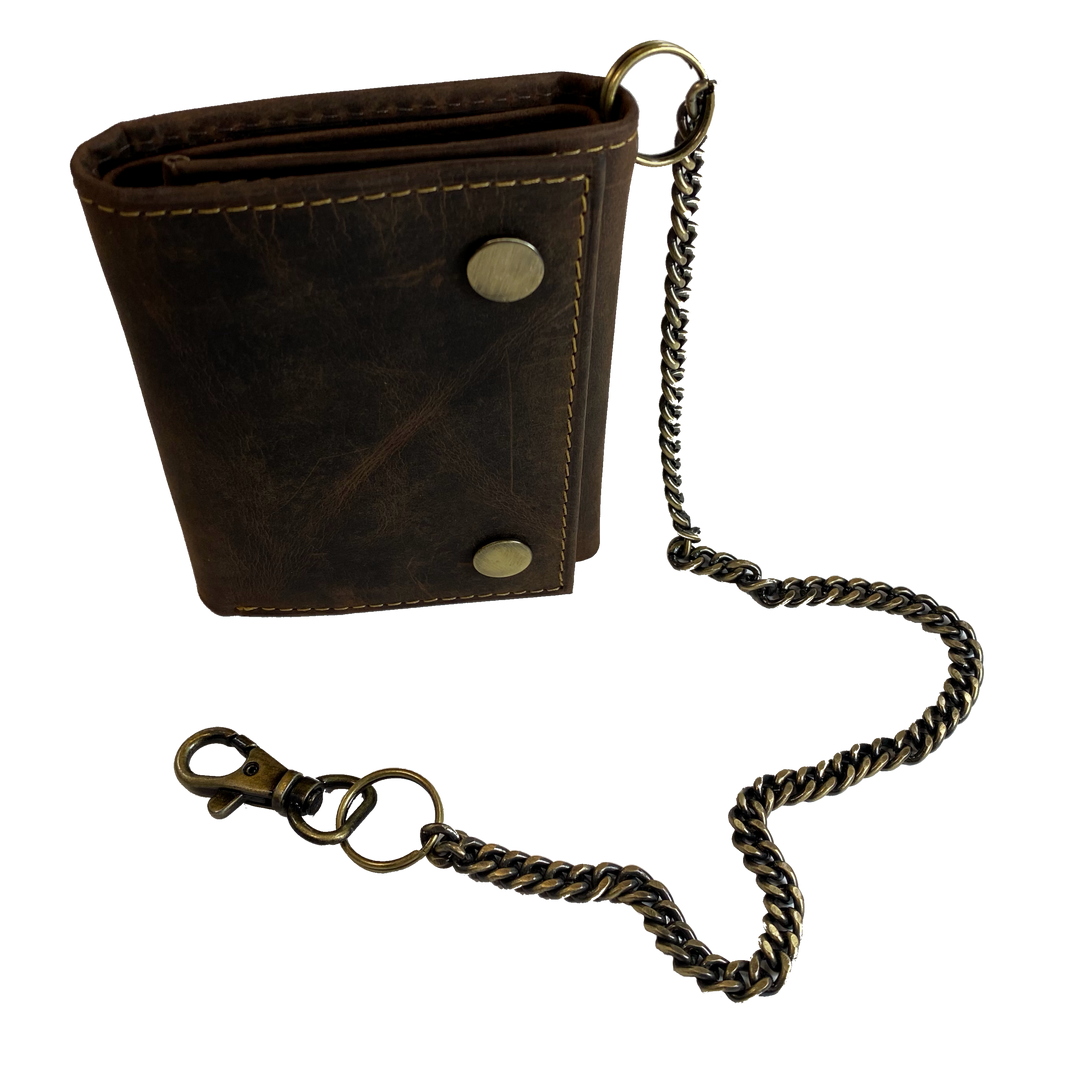 Popular Distressed brown Tri-fold Chain Wallet. 2 cash slots, 4 card slots, I.D. slot, zippered pocket for all your stash. Will darken with a nice patina with use. It's imported but it's Buckle and Hide approved. standard tri-fold size.