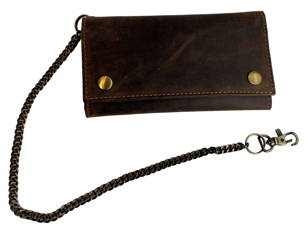 Popular Distressed brown Long Style RFID Secure Tri-fold Chain Wallet. 2 underneath cash slots, 14 card slots, I.D. slot, zippered pocket for all your important stash. Will darken with a nice patina with use. It's imported but it's Buckle and Hide approved. Standard long tri-fold size. Size is 6 3/4" x 3 3/4" when snapped closed. Fully open is 10 1/2" x 6 3/4".