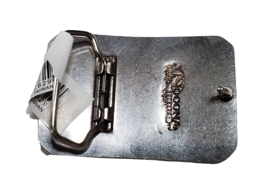 Rectangular antique silver colored belt buckle with Western scrolled design and a Bronc Rider Motif, size approx. 3" wide by 2 1/2" tall. Available online and at our shop just outside Nashville in Smyrna, TN. Imported