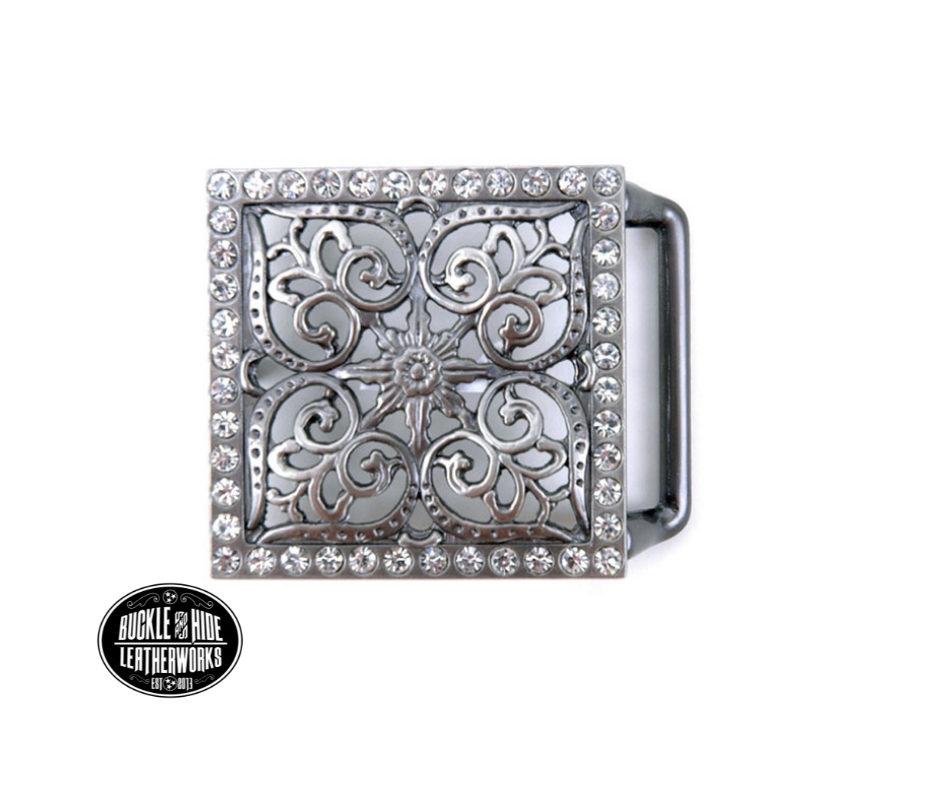 The Garcia Rhinestone Belt Buckle-A Filigreed Floral design in Antique Nickel with Blingy Rhinestones added around the border. Looks great on plain 1 1/2" Black or Brown belt. A easy to wear square shape that's not too big, it's just right. Dimension(Length X Width): 3 3/4" X 2", Imported