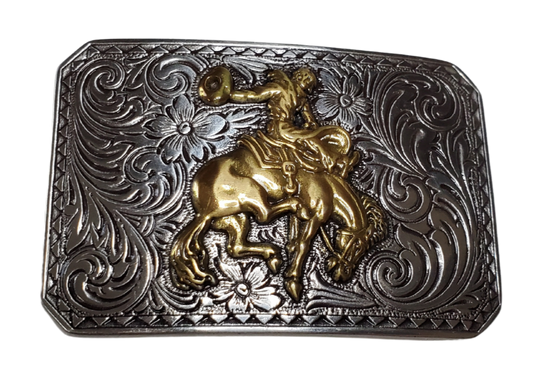 Rectangular antique silver colored belt buckle with Western scrolled design and a Bronc Rider Motif, size approx. 3" wide by 2 1/2" tall. Available online and at our shop just outside Nashville in Smyrna, TN. Imported