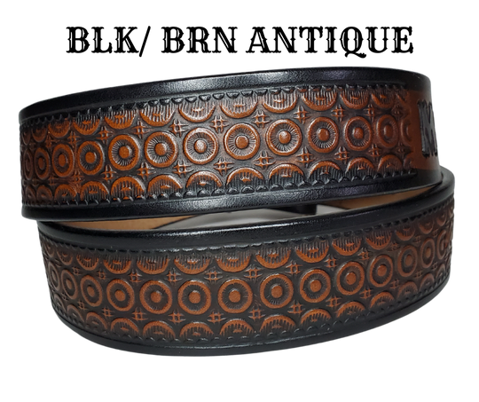 "The Bullock" is a handmade real leather belt made from a single strip of cowhide shoulder leather that is 8-10 oz. or approx. 1/8" thick. It has hand burnished (smoothed) edges and a Western Circle pattern. This belt is completely HAND dyed with a multi step finishing technic. The antique nickel plated solid brass buckle is snapped in place with heavy snaps.  This belt is made just outside Nashville in Smyrna, TN.