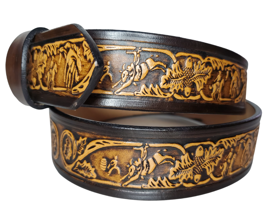 "The Bullrider" is a handmade real leather belt made from a single strip of cowhide shoulder leather that is 8-10 oz. or approx. 1/8" thick. It has hand burnished (smoothed) edges and a western influenced Rodeo events pattern. This belt is completely HAND dyed with a multi step finishing technic. The antique nickel plated solid brass buckle is snapped in place with heavy snaps.  This belt is made just outside Nashville in Smyrna, TN.