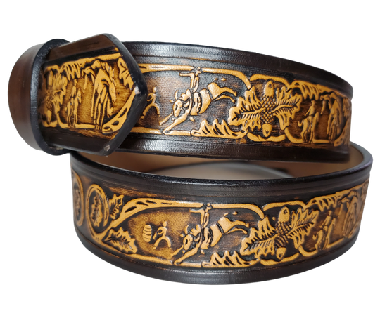 "The Bullrider" is a handmade real leather belt made from a single strip of cowhide shoulder leather that is 8-10 oz. or approx. 1/8" thick. It has hand burnished (smoothed) edges and a western influenced Rodeo events pattern. This belt is completely HAND dyed with a multi step finishing technic. The antique nickel plated solid brass buckle is snapped in place with heavy snaps.  This belt is made just outside Nashville in Smyrna, TN.