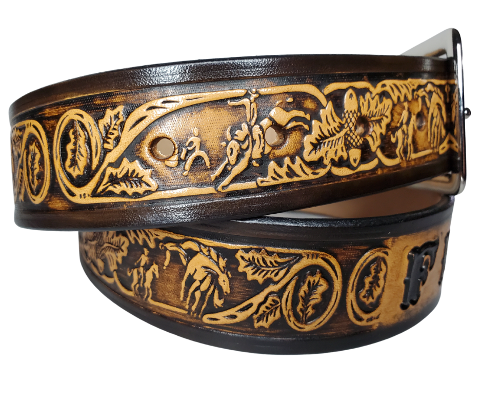 "The Bullrider" is a handmade real leather belt made from a single strip of cowhide shoulder leather that is 8-10 oz. or approx. 1/8" thick. It has hand burnished (smoothed) edges and a western influenced Rodeo events pattern. This belt is completely HAND dyed with a multi step finishing technic. The antique nickel plated solid brass buckle is snapped in place with heavy snaps.  This belt is made just outside Nashville in Smyrna, TN.