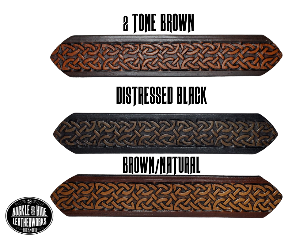 "The Magnus" is a handmade real leather belt made from a single strip of cowhide shoulder leather that is 8-10 oz. or approx. 1/8" thick. It has hand burnished (smoothed) edges and the Classic knotted Celtic pattern. This belt is completely HAND dyed with a multi step finishing technic. The antique nickel plated solid brass buckle is snapped in place with heavy snaps.  This belt is made just outside Nashville in Smyrna, TN.