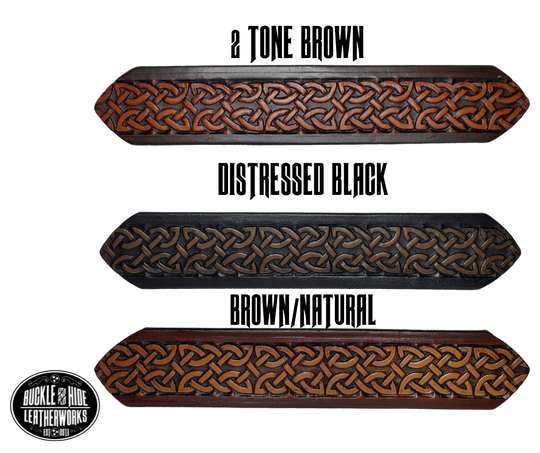 "The Magnus" is a handmade real leather belt made from a single strip of cowhide shoulder leather that is 8-10 oz. or approx. 1/8" thick. It has hand burnished (smoothed) edges and the Classic knotted Celtic pattern. This belt is completely HAND dyed with a multi step finishing technic. The antique nickel plated solid brass buckle is snapped in place with heavy snaps.  This belt is made just outside Nashville in Smyrna, TN.