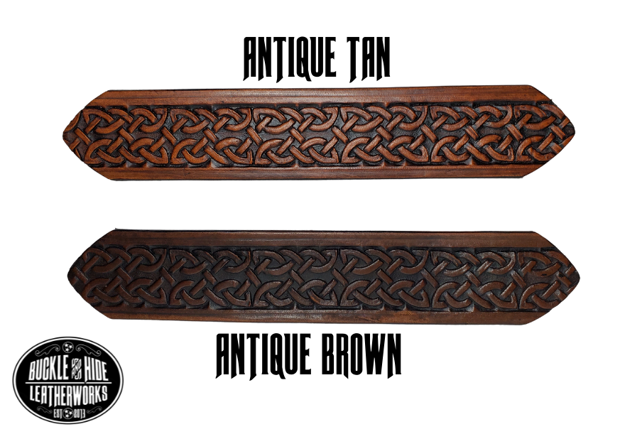 "The Magnus" is a handmade real leather belt made from a single strip of cowhide shoulder leather that is 8-10 oz. or approx. 1/8" thick. It has hand burnished (smoothed) edges and the Classic knotted Celtic pattern. This belt is completely HAND dyed with a multi step finishing technic. The antique nickel plated solid brass buckle is snapped in place with heavy snaps.  This belt is made just outside Nashville in Smyrna, TN.