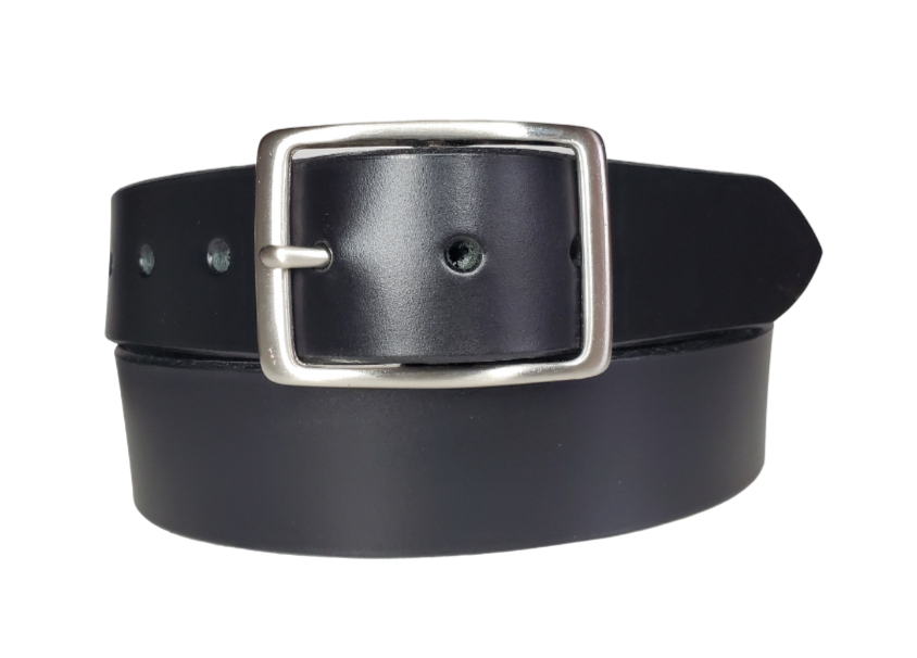 This Solid Black leather belt is made from Drum dyed cowhide that is long lasting but still nice enough for a night out. .The edges are beveled and painted for a finished look. It has an antique nickel coated solid brass buckle that is snapped in place. Belt is 1 1/2" wide and available in lengths from 32" to 44".  It is handmade in our shop in Smyrna, TN, just outside of Nashville.