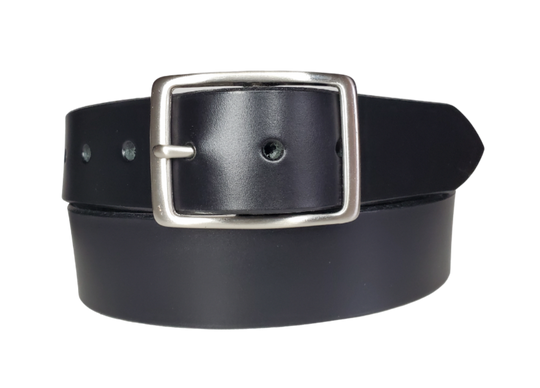 This Solid Black leather belt is made from Drum dyed cowhide that is long lasting but still nice enough for a night out. .The edges are beveled and painted for a finished look. It has an antique nickel coated solid brass buckle that is snapped in place. Belt is 1 1/2" wide and available in lengths from 32" to 44".  It is handmade in our shop in Smyrna, TN, just outside of Nashville.