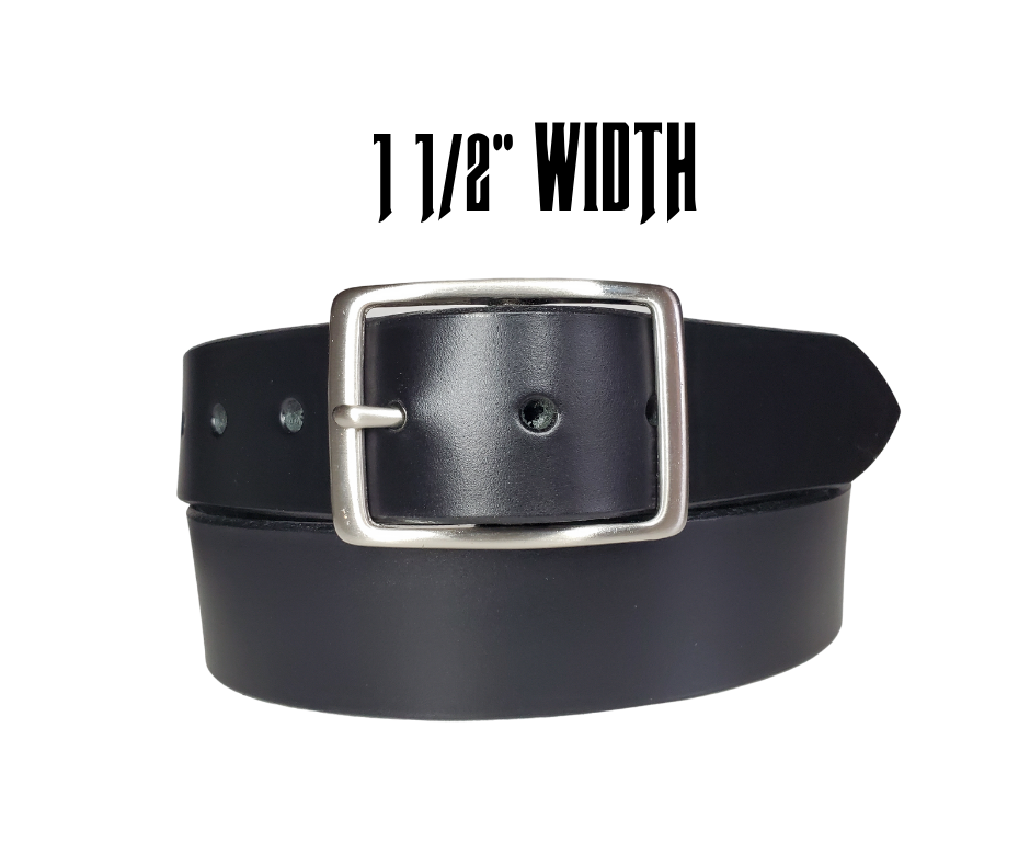 This Solid Black leather belt is made from Drum dyed cowhide that is long lasting but still nice enough for a night out. .The edges are beveled and painted for a finished look. It has an antique nickel coated solid brass buckle that is snapped in place. Belt is 1 1/2" wide and available in lengths from 32" to 44".  It is handmade in our shop in Smyrna, TN, just outside of Nashville.