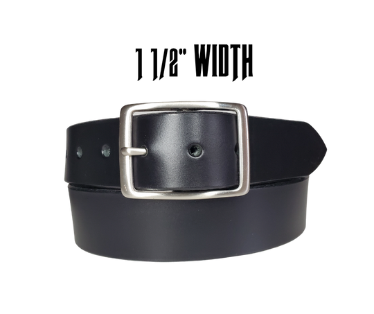 This Solid Black leather belt is made from Drum dyed cowhide that is long lasting but still nice enough for a night out. .The edges are beveled and painted for a finished look. It has an antique nickel coated solid brass buckle that is snapped in place. Belt is 1 1/2" wide and available in lengths from 32" to 44".  It is handmade in our shop in Smyrna, TN, just outside of Nashville.