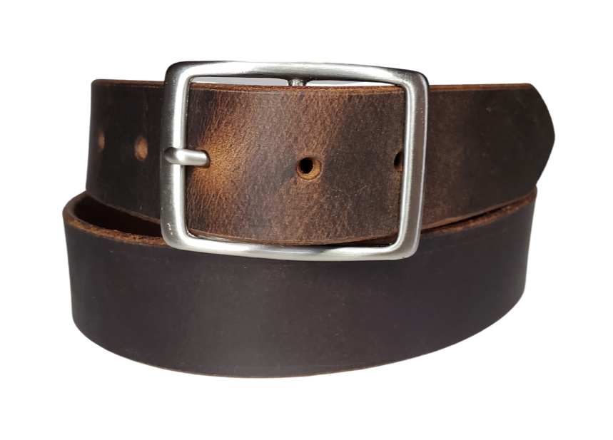 This rustic leather belt is made from Crazy Horse tanned leather for that distressed and used look. The edges are beveled and burnished left the natural color for a contrasting appearance. It has an antique nickel plated Center Bar style buckle that is snapped in place, so you  can change it if you want for a totally different look. Belt is 1 1/2" wide and available in lengths from 34" to 44".  It is handmade in our shop in Smyrna, TN, just outside of Nashville.