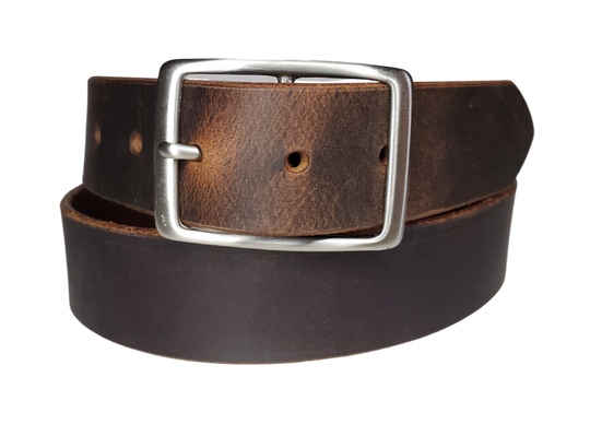 This rustic leather belt is made from Crazy Horse tanned leather for that distressed and used look. The edges are beveled and burnished left the natural color for a contrasting appearance. It has an antique nickel plated Center Bar style buckle that is snapped in place, so you  can change it if you want for a totally different look. Belt is 1 1/2" wide and available in lengths from 34" to 44".  It is handmade in our shop in Smyrna, TN, just outside of Nashville.