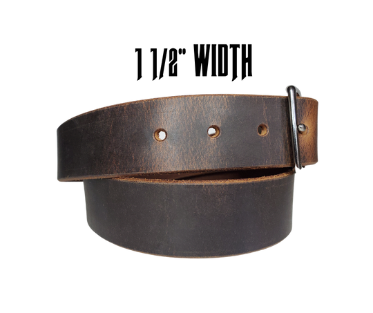 This rustic leather belt is made from Crazy Horse tanned leather for that distressed and used look. The edges are beveled and burnished left the natural color for a contrasting appearance. It has an antique nickel plated Center Bar style buckle that is snapped in place, so you  can change it if you want for a totally different look. Belt is 1 1/2" wide and available in lengths from 34" to 44".  It is handmade in our shop in Smyrna, TN, just outside of Nashville.