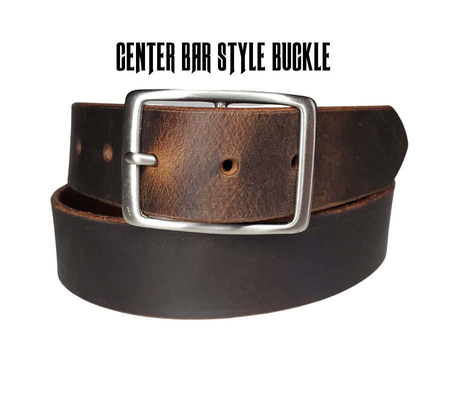 This rustic leather belt is made from Crazy Horse tanned leather for that distressed and used look. The edges are beveled and burnished left the natural color for a contrasting appearance. It has an antique nickel plated Center Bar style buckle that is snapped in place, so you  can change it if you want for a totally different look. Belt is 1 1/2" wide and available in lengths from 34" to 44".  It is handmade in our shop in Smyrna, TN, just outside of Nashville.