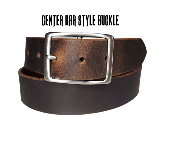 This rustic leather belt is made from Crazy Horse tanned leather for that distressed and used look. The edges are beveled and burnished left the natural color for a contrasting appearance. It has an antique nickel plated Center Bar style buckle that is snapped in place, so you  can change it if you want for a totally different look. Belt is 1 1/2" wide and available in lengths from 34" to 44".  It is handmade in our shop in Smyrna, TN, just outside of Nashville.