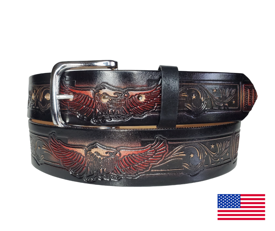 This USA made veg-tan leather belt is approx. 1/8" thick, 1 1/2"width with no fillers to split or rip apart. The belt features Eagles with block style LIVE TO RIDE pattern around the entire belt in black and red. The leather is comfortable from day one   Buckle is snapped on for easy buckle change. Colors may vary do to the manufacturing process. We don't make this belt but it's Buckle and Hide approved and still made in the USA. There is not a NAME option on this belt.