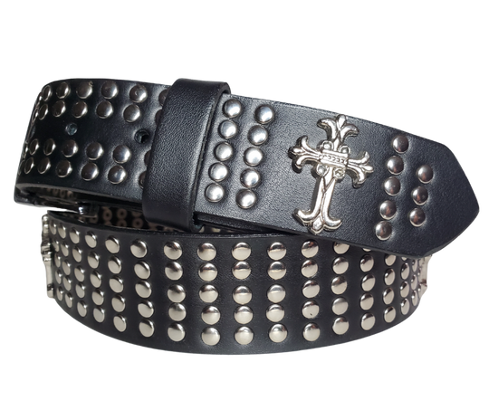 Hit the stage or a night on the town with this all-over Studded Leather belt with Crosses every few inches for the length of the belt. Looks great with your favorite jeans and your vintage "GnR" T-shirt and your favorite boots. The width is 1 1/2" wide with snaps for easy buckle change.  Sold in our Smyrna, TN store. Sized M thru 2X