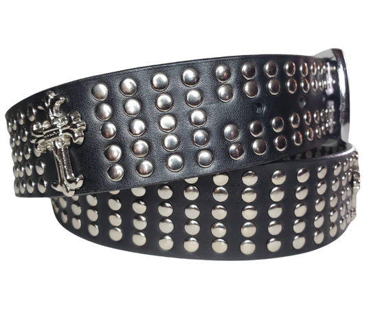 Hit the stage or a night on the town with this all-over Studded Leather belt with Crosses every few inches for the length of the belt. Looks great with your favorite jeans and your vintage "GnR" T-shirt and your favorite boots. The width is 1 1/2" wide with snaps for easy buckle change.  Sold in our Smyrna, TN store. Sized M thru 2X