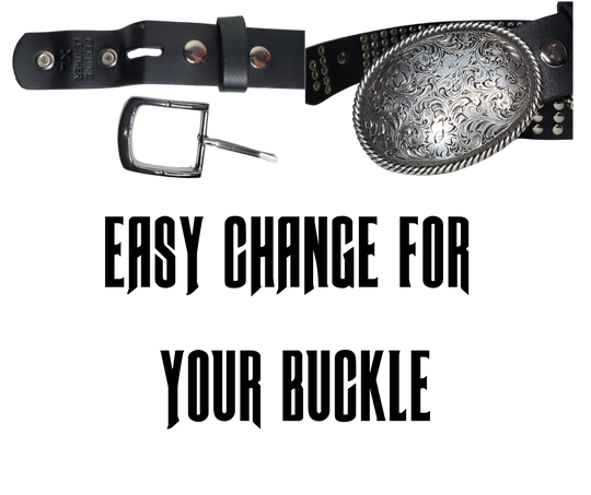 Hit the stage or a night on the town with this all-over Studded Leather belt with Crosses every few inches for the length of the belt. Looks great with your favorite jeans and your vintage "GnR" T-shirt and your favorite boots. The width is 1 1/2" wide with snaps for easy buckle change.  Sold in our Smyrna, TN store. Sized M thru 2X