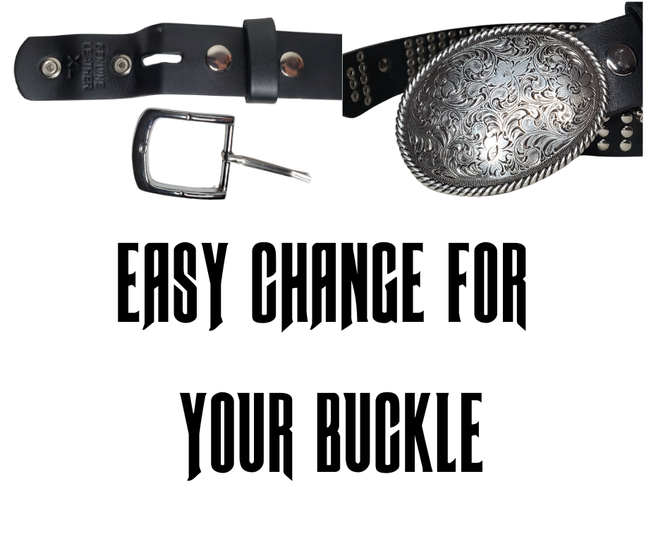 Hit the stage or a night on the town with this Studded Leather belt. The studs are placed about 1" apart the entire length of the belt. Looks great with your favorite jeans and your vintage "Poison" T-shirt and your favorite boots. The width is 1 1/2" wide with snaps for easy buckle change.  Sold in our Smyrna, TN store. Imported - Sized M thru 2X