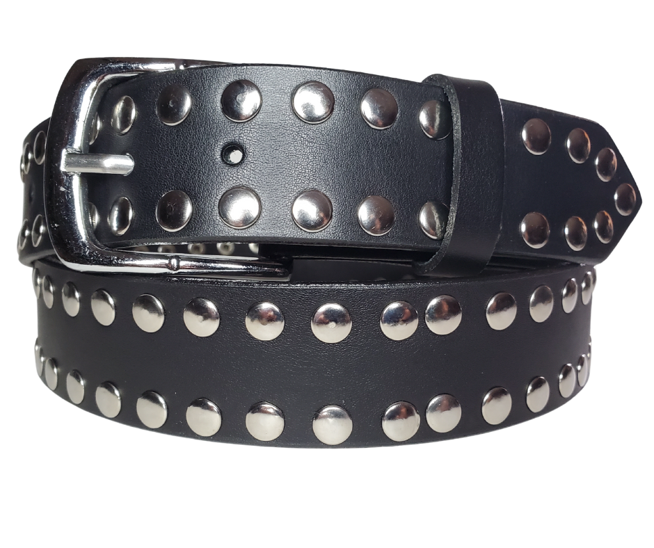 Hit the stage or a night on the town with this Studded Leather belt. The studs are placed about 1" apart the entire length of the belt. Looks great with your favorite jeans and your vintage "Poison" T-shirt and your favorite boots. The width is 1 1/2" wide with snaps for easy buckle change.  Sold in our Smyrna, TN store. Imported - Sized M thru 2X