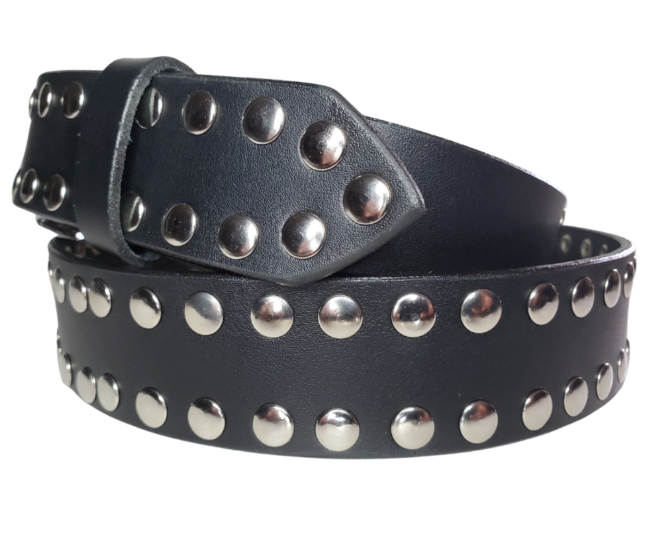 Hit the stage or a night on the town with this Studded Leather belt. The studs are placed about 1" apart the entire length of the belt. Looks great with your favorite jeans and your vintage "Poison" T-shirt and your favorite boots. The width is 1 1/2" wide with snaps for easy buckle change.  Sold in our Smyrna, TN store. Imported - Sized M thru 2X