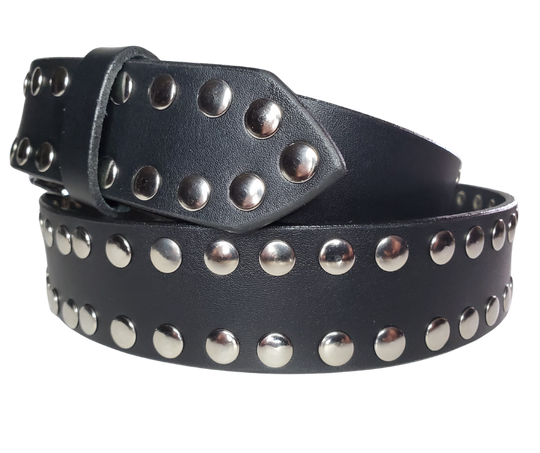 Hit the stage or a night on the town with this Studded Leather belt. The studs are placed about 1" apart the entire length of the belt. Looks great with your favorite jeans and your vintage "Poison" T-shirt and your favorite boots. The width is 1 1/2" wide with snaps for easy buckle change.  Sold in our Smyrna, TN store. Imported - Sized M thru 2X