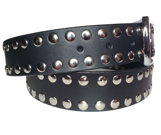 Hit the stage or a night on the town with this Studded Leather belt. The studs are placed about 1" apart the entire length of the belt. Looks great with your favorite jeans and your vintage "Poison" T-shirt and your favorite boots. The width is 1 1/2" wide with snaps for easy buckle change.  Sold in our Smyrna, TN store. Imported - Sized M thru 2X