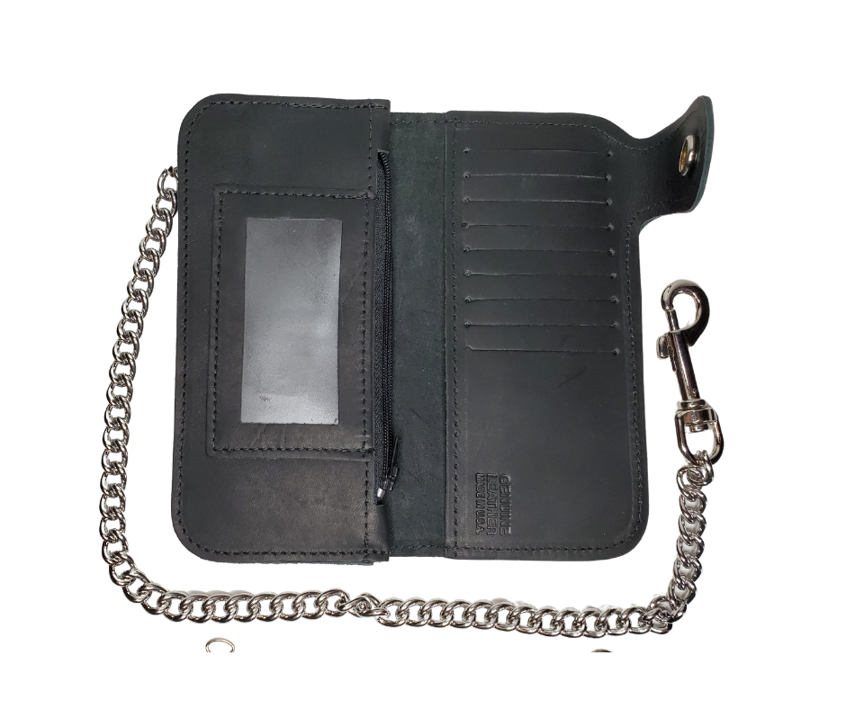 With cards for almost everything, now, the "Prospect" chain wallet delivers. This wallet has 2 sections that are like the traditional chain wallet, with extra slots for the many cards that seem to multiply!  3 cash pockets and I.D. slot 9 credit card slots&nbsp; Basic 12" Chain included Made in USA Black leather Dimensions folded 3 1/2" x 7" open 7" x 7"