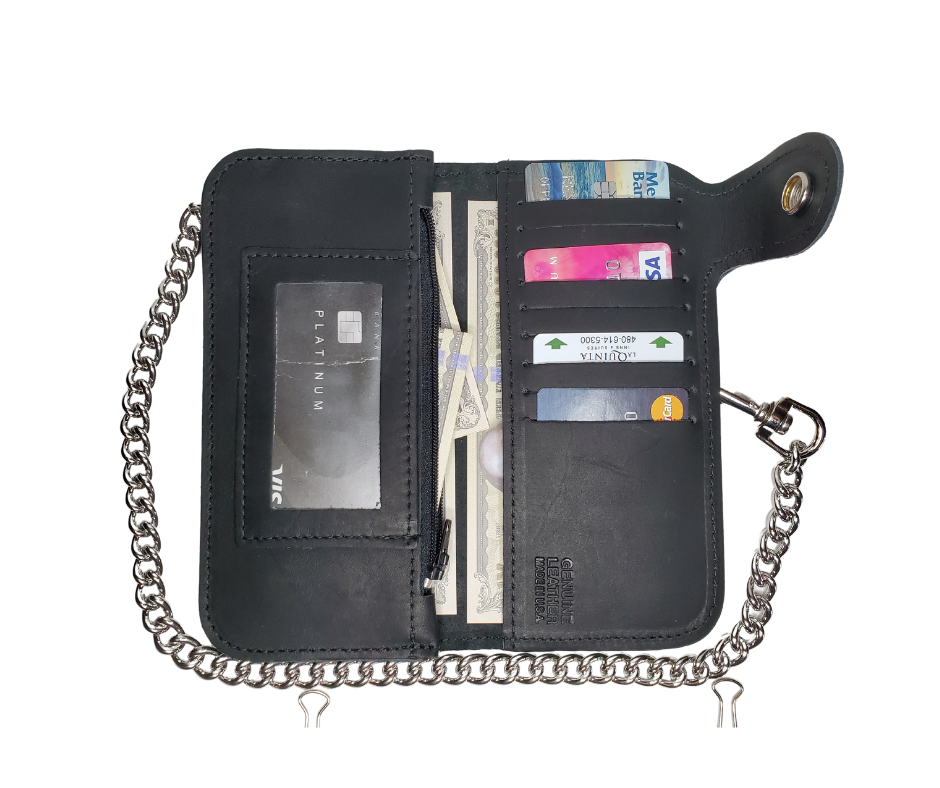 With cards for almost everything, now, the "Prospect" chain wallet delivers. This wallet has 2 sections that are like the traditional chain wallet, with extra slots for the many cards that seem to multiply!  3 cash pockets and I.D. slot 9 credit card slots&nbsp; Basic 12" Chain included Made in USA Black leather Dimensions folded 3 1/2" x 7" open 7" x 7"