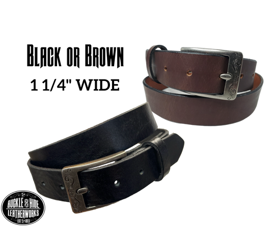 "The Central City" handmade, real leather belt is made in our Smyrna, TN shop just outside Nashville.  The process starts with cowhide, which is cut into strips. The removable antique silver colored buckle is attached with snaps, you may add your own or purchase a theme buckle to personalize the look.  Please see sizing instructions to make sure you have the desired fit. 