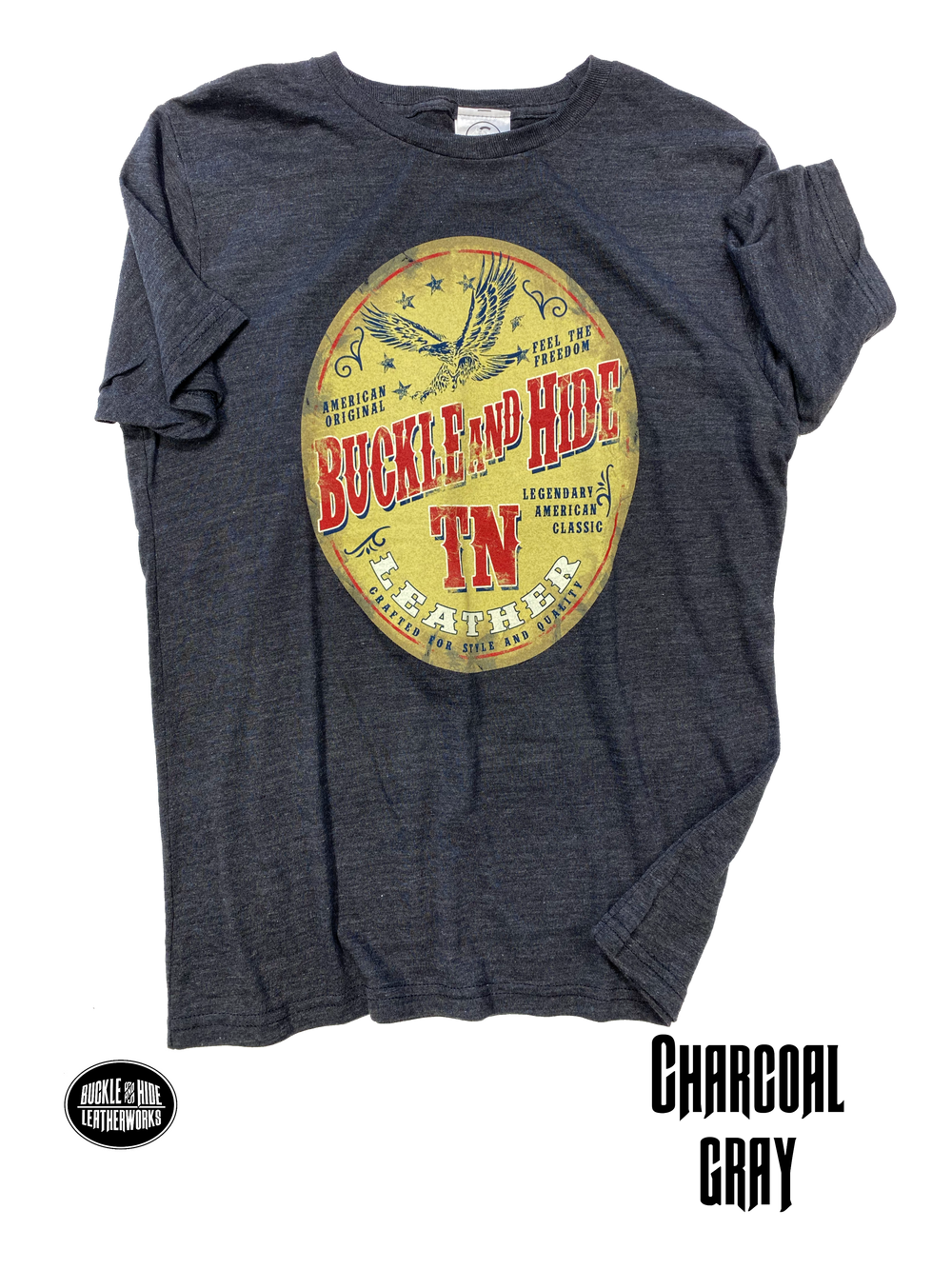 Gray soft cotton T-shirt with "Classic Oval Label" Buckle and Hide graphic. Available in Gray and Charcoal Gray. Available in our shop just outside Nashville in Smyrna, TN.