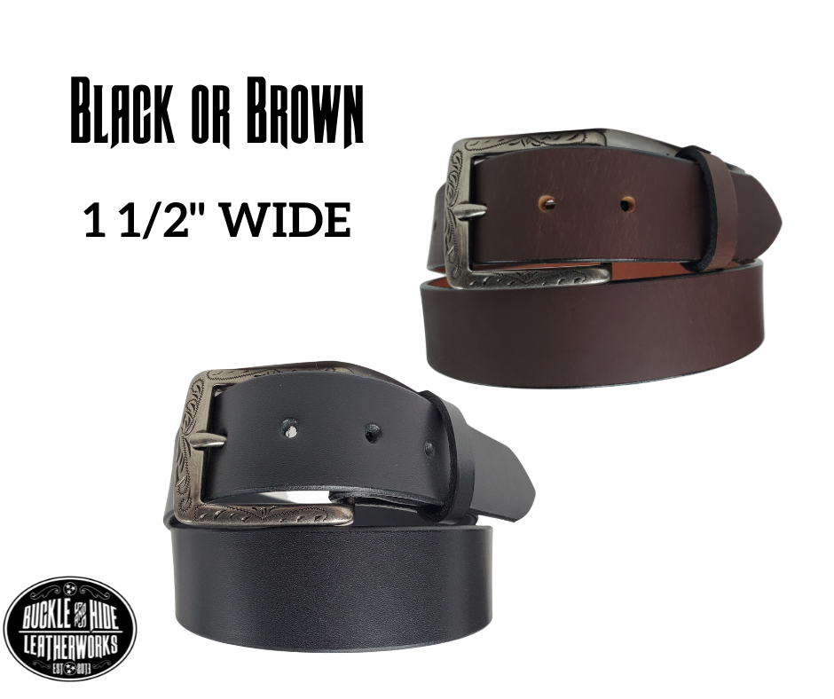 The Bisbee named after a old mining town in Arizona. This full grain leather belt has a look that looks great dressed up or down.  It has beveled, smooth black edges and is handmade in Smyrna, TN just outside Nashville.  The Ornate scroll designed antique silver buckle is snapped in place. Our shop favorite, our customer favorite, this belt starts with a unique leather – water buffalo!