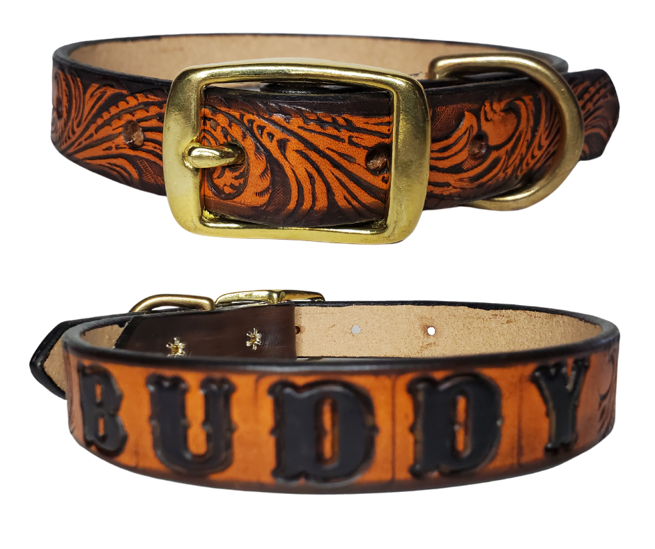 The Buddy Dog Collar is made from the same 9/10 oz./approx, 1/8" thick leather that all of our NAME belts are made from. We make these in a 1" width in sizes 15"-19" and 1 1/4" width 21"- 25". The center bar style buckle and D ring are Solid Brass. Your dogs Name is embossed in a 3/4" size font and is finished in our popular Two Tone Brown. Each Collar is measured from the end of the buckle to the middle of 5 holes from the end.  These also may be ordered in person in our Smyrna, TN shop.  