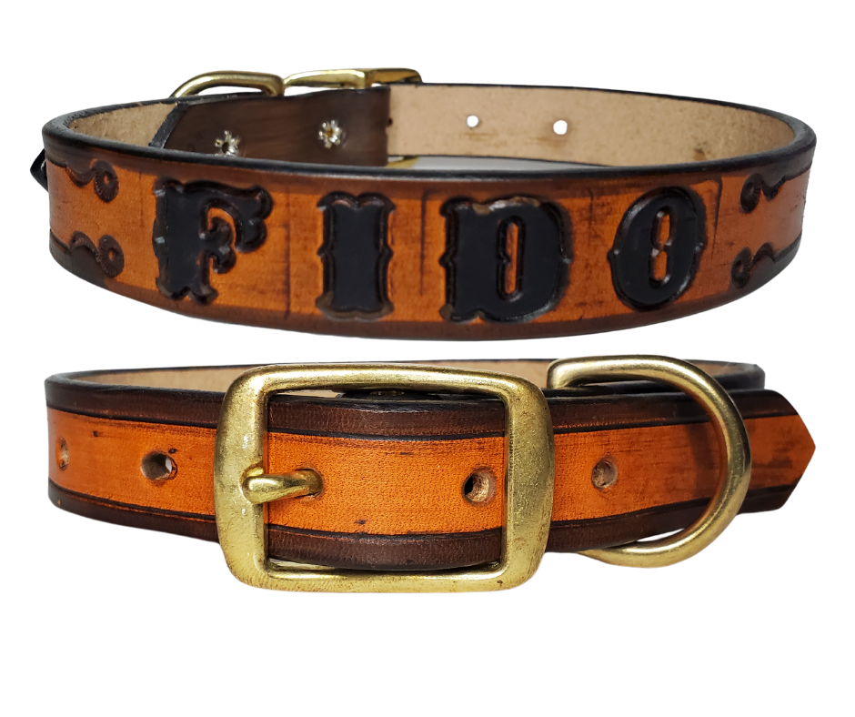 The Fido Dog Collar is made from the same 9/10 oz./approx, 1/8" thick leather that all of our NAME belts are made from.  This one is Hand Stamped instead of Embossed like our other Dog Collars. We make these in a 1" width in sizes 15"-19" and 1 1/4" width 21"- 25". The center bar style buckle and D ring are Solid Brass. Your dogs Name is embossed in a 3/4" size font and is finished in our popular Two Tone Brown.  These also may be ordered in person in our Smyrna, TN shop. 