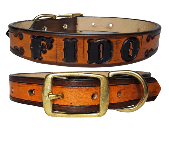 The Fido Dog Collar is made from the same 9/10 oz./approx, 1/8" thick leather that all of our NAME belts are made from.  This one is Hand Stamped instead of Embossed like our other Dog Collars. We make these in a 1" width in sizes 15"-19" and 1 1/4" width 21"- 25". The center bar style buckle and D ring are Solid Brass. Your dogs Name is embossed in a 3/4" size font and is finished in our popular Two Tone Brown.  These also may be ordered in person in our Smyrna, TN shop. 