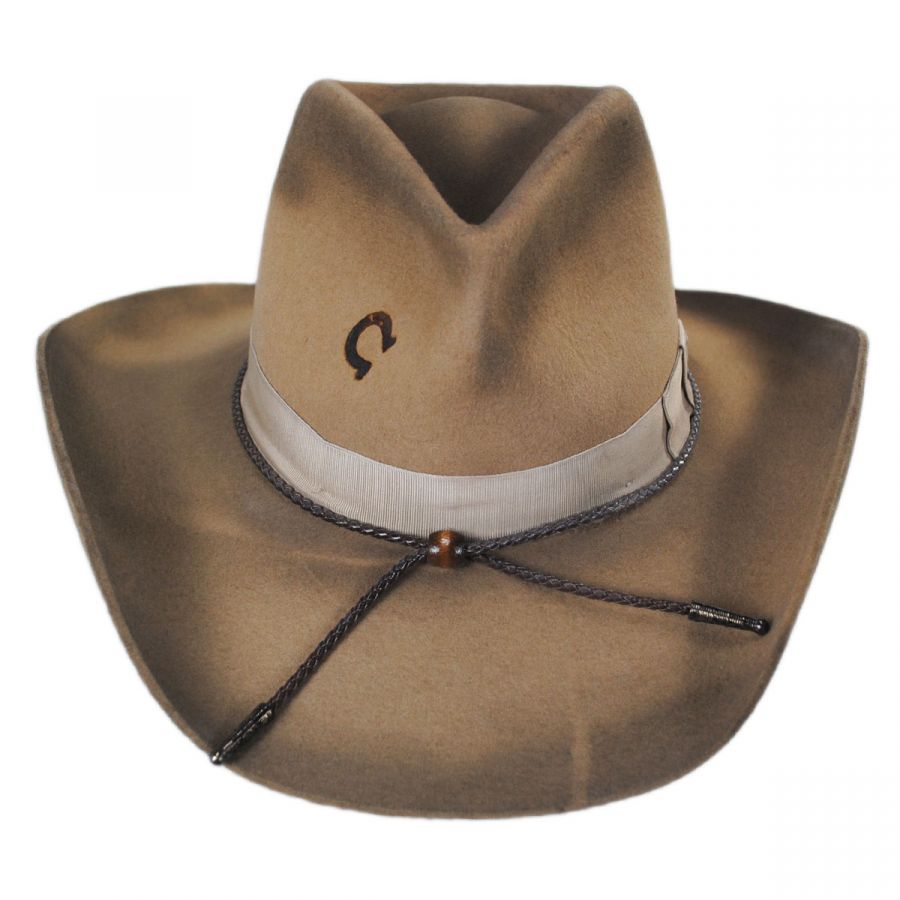 The Charlie 1 Horse Hat Company makes western fashion hats that allow you to express you personality through your hat.  Take yourself back to Tombstone, Deadwood or Dodge with the classic pinched crown accented with a ribbon style hat band with a bolo cord. The wool blend felt 3 1/2" brim is shaped with a great rounded look, but it can be re-shaped with a little bit of steam. Available for purchase at our retail shop in Smyrna, TN, just outside of Nashville.