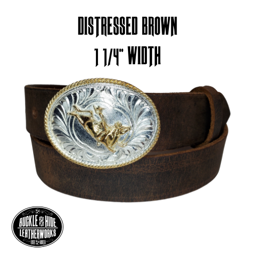 Our Kids/Youth Belt Combo is a great choice who's wants to be like dad or mom! Full grain Distressed Brown Water Buffalo or Black cowhide leather that is approx. 1/8"thick. The width is 1 1/4" and this Combo includes a 2" x 2 1/2" sized Western styled Nickle plated oval shaped buckle with a Flying Eagle completed with a rope edge. Buckle snaps in place for easy changing if desired. Choose a Black or Distressed Brown Leather belt for the Combo. Made in our Smyrna, TN, USA shop.  