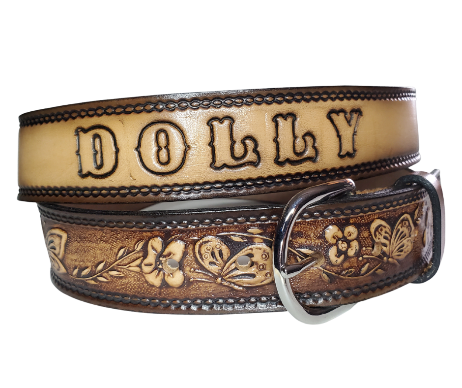 This stylish leather belt features beautiful flowers and butterfly artwork that is sure to draw attention. The easy-change metal buckle makes for comfortable wear and makes it easy to adjust for size. Perfect for adding a unique touch to any wardrobe. This belt is stocked in our shop outside Nashville in Smyrna, TN.